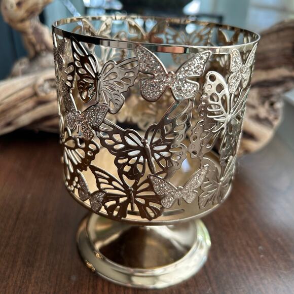 Bath & Body Works Silver Glitter Butterfly 3-Wick Candle Holder Metal Sleeve - Picture 1 of 5